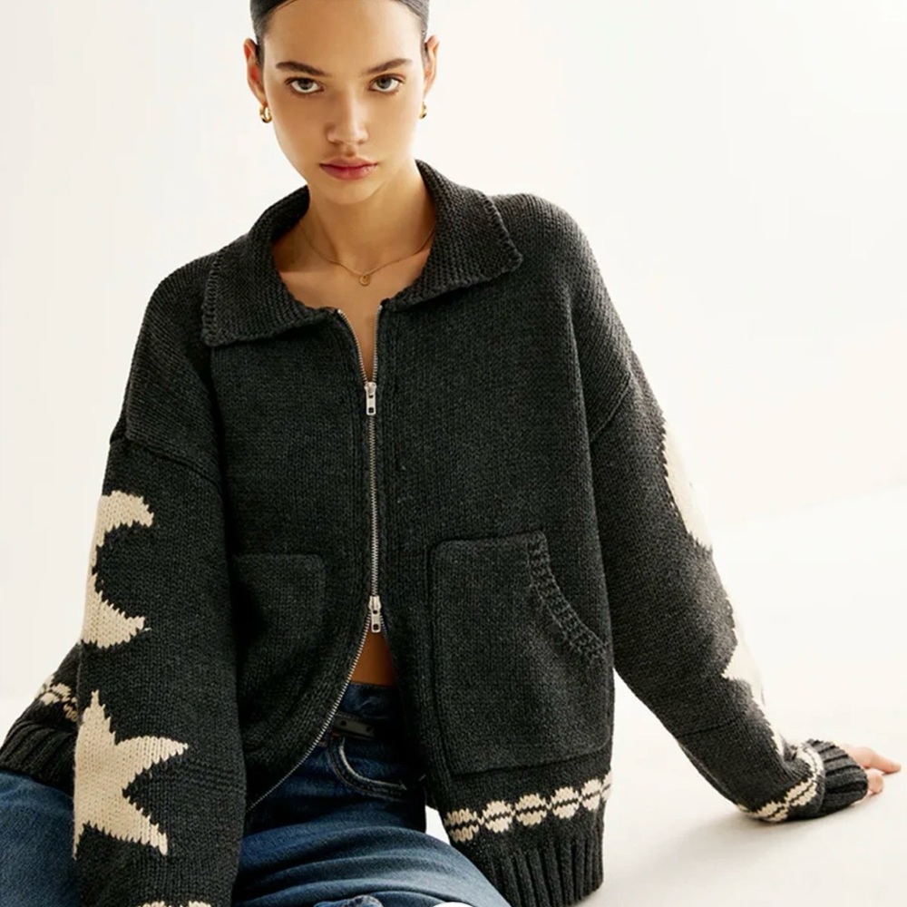 Commense Double-Zip Pockets Lapel Cardigan Large